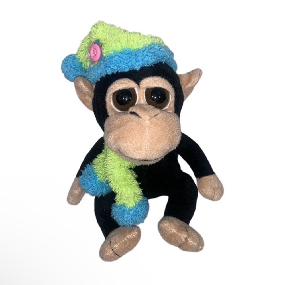 The Petting Zoo baby Chimp Monkey plush 7" black wearing hat & scarf 1994